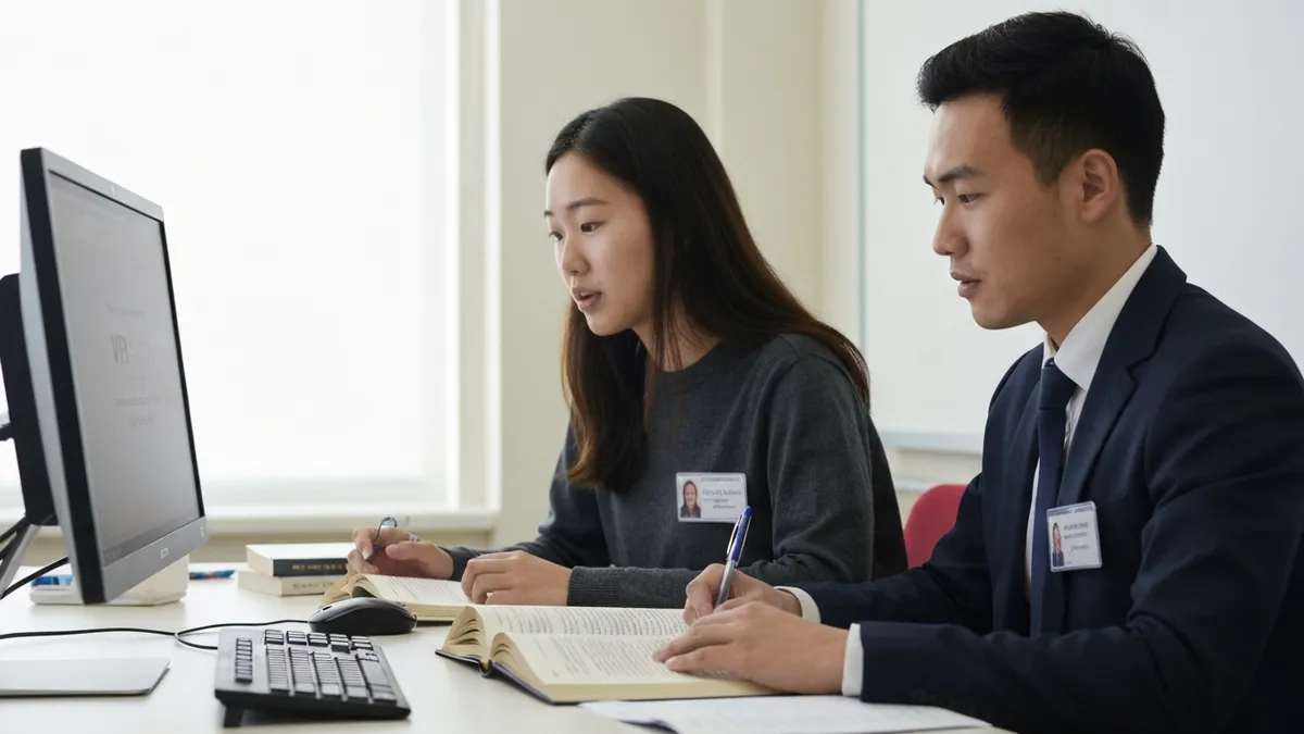 Person speaking into a microphone while taking the VEPT Versant English Placement Test on a computer