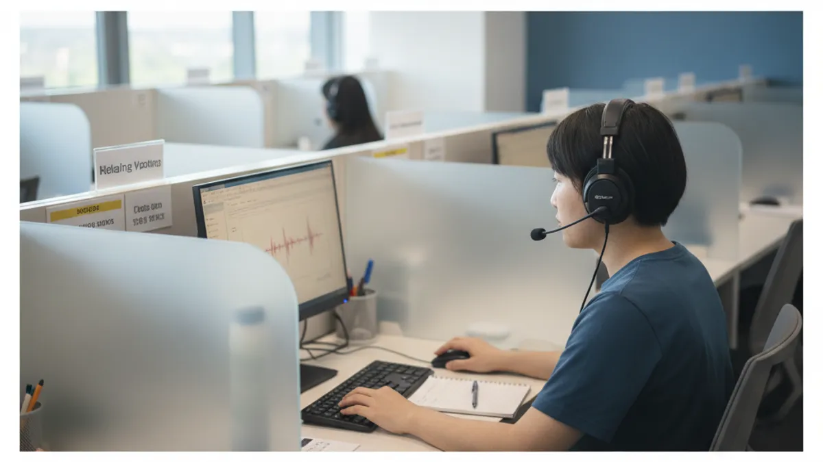 Candidate typing a Versant 4 Skills Essential Dictation sentence with a headset at a laptop