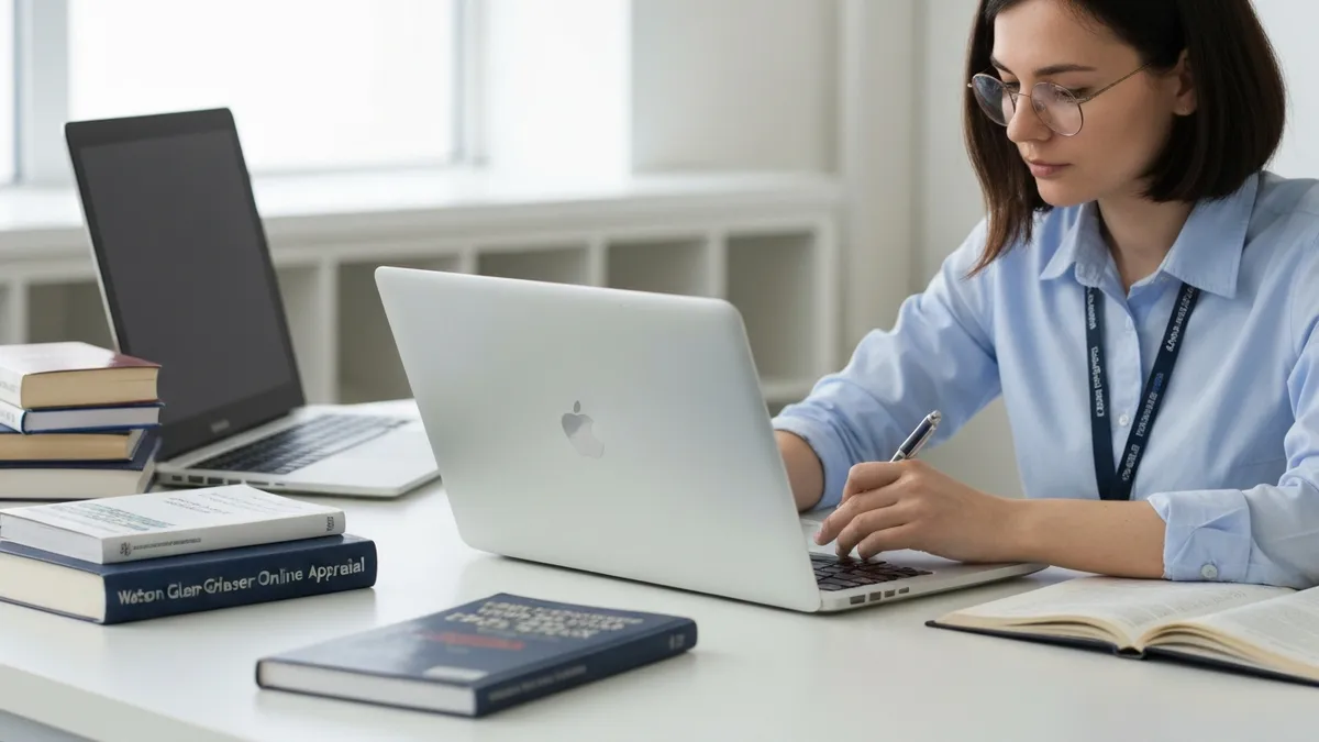 Candidate completing Watson Glaser online test on laptop with a clear desk and professional lighting