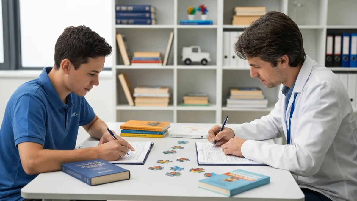 Child completing Wechsler WISC intelligence test with psychologist at evaluation table with puzzle materials and cognitive task materials