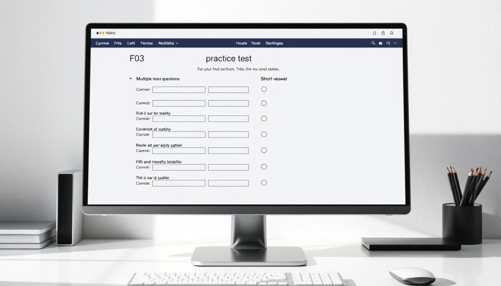 A high-contrast, detailed image of an F03 practice test format, displayed on a sleek, modern computer monitor. The test structure is clearly visible, with sections for multiple-choice questions, fill-in-the-blanks, and short-answer responses. The lighting is crisp and directional, casting subtle shadows that accentuate the test's structure. The background is a minimalist, neutral-toned workspace, allowing the practice test format to be the focal point. The overall atmosphere is one of focused professionalism, inviting the viewer to engage with the test's content and layout. A high-contrast, detailed image of an F03 practice test format, displayed on a sleek, modern computer monitor. The test structure is clearly visible, with sections for multiple-choice questions, fill-in-the-blanks, and short-answer responses. The lighting is crisp and directional, casting subtle shadows that accentuate the test's structure. The background is a minimalist, neutral-toned workspace, allowing the practice test format to be the focal point. The overall atmosphere is one of focused professionalism, inviting the viewer to engage with the test's content and layout.