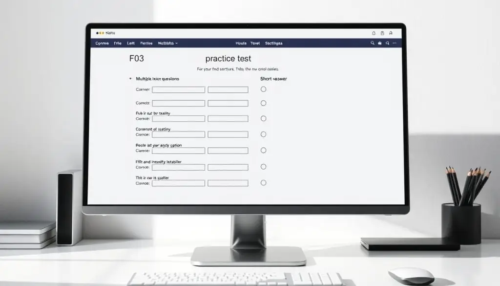 A high-contrast, detailed image of an F03 practice test format, displayed on a sleek, modern computer monitor. The test structure is clearly visible, with sections for multiple-choice questions, fill-in-the-blanks, and short-answer responses. The lighting is crisp and directional, casting subtle shadows that accentuate the test's structure. The background is a minimalist, neutral-toned workspace, allowing the practice test format to be the focal point. The overall atmosphere is one of focused professionalism, inviting the viewer to engage with the test's content and layout. A high-contrast, detailed image of an F03 practice test format, displayed on a sleek, modern computer monitor. The test structure is clearly visible, with sections for multiple-choice questions, fill-in-the-blanks, and short-answer responses. The lighting is crisp and directional, casting subtle shadows that accentuate the test's structure. The background is a minimalist, neutral-toned workspace, allowing the practice test format to be the focal point. The overall atmosphere is one of focused professionalism, inviting the viewer to engage with the test's content and layout.