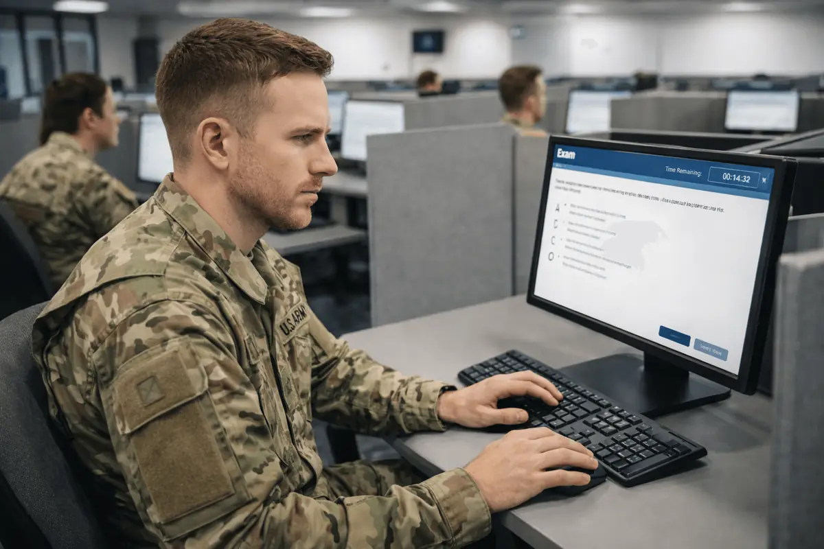 Military personnel with fair skin taking a computer-based AFCT Army exam in a testing center, serious atmosphere, realistic photography, natural lighting, 16:9 landscape