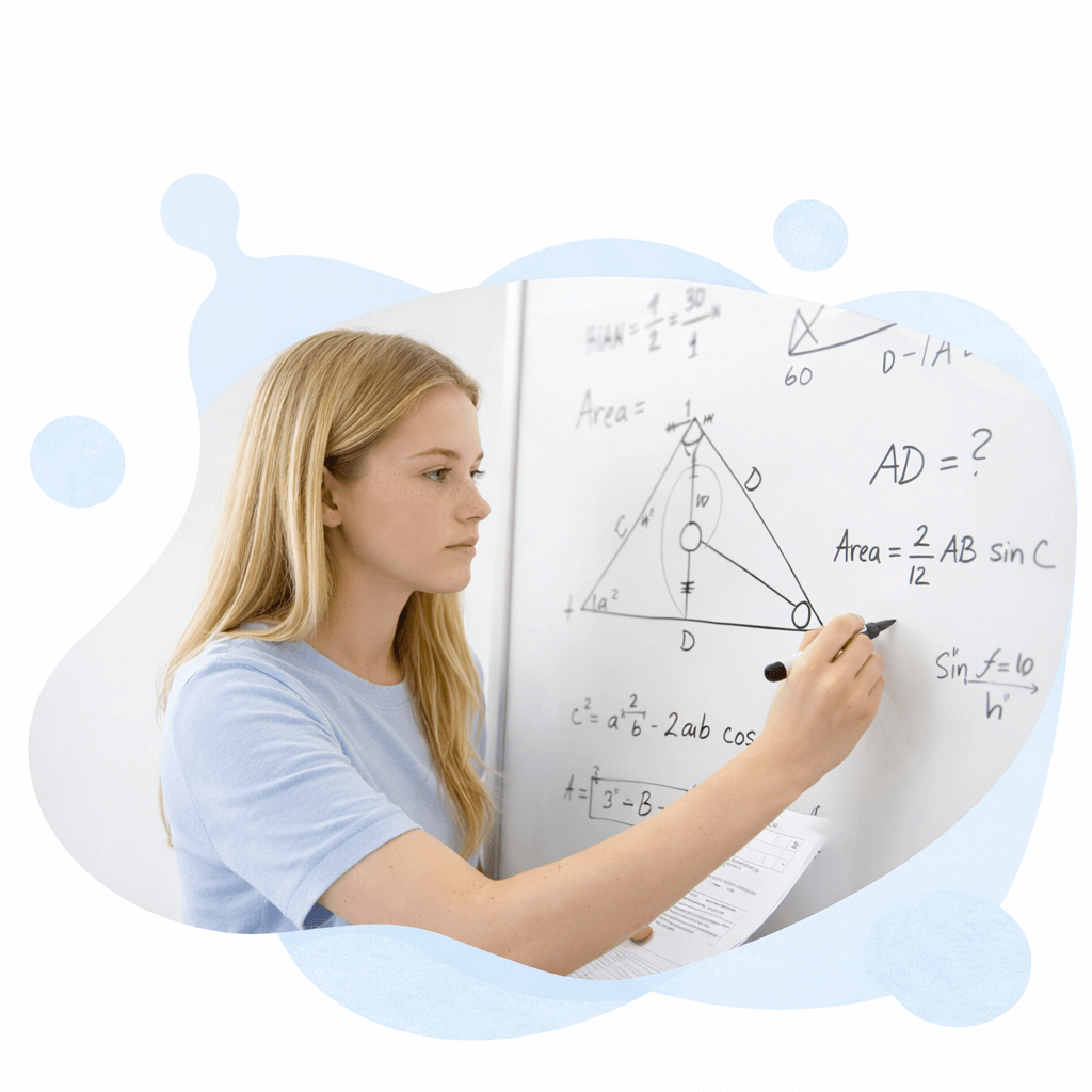 Student solving complex AMC 12 problems on whiteboard