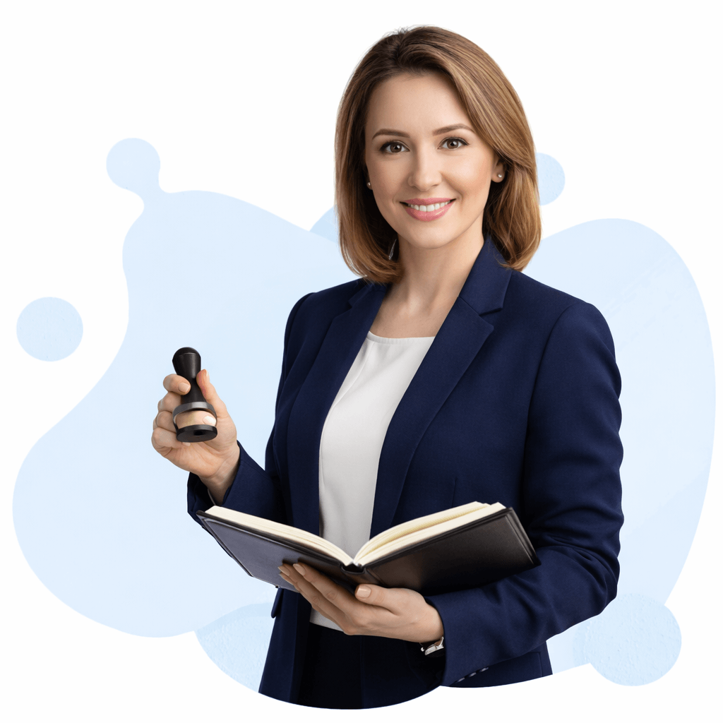 Professional female AZ Notary with fair skin in business attire reviewing documents, warm confident smile