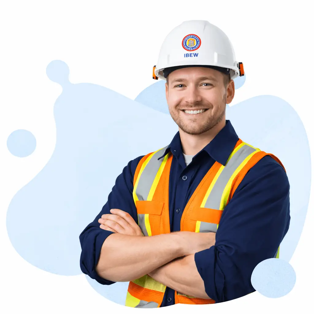 Professional IBEW labor union electrician with fair skin in safety gear and hard hat, smiling confidently with arms crossed, clean white background, 500x500px, high-quality studio portrait.