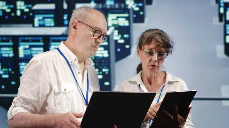 Relativity Certified Administrator professional with fair skin analyzing data on dual monitors