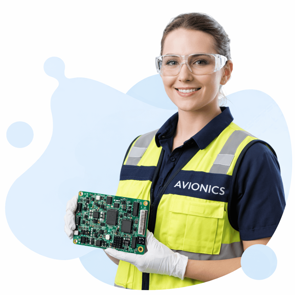 Professional female Aircraft Electronics Technician holding circuit board for NCATT AET certification prep