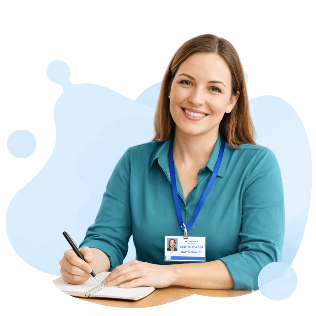 Certified Peer Support Specialist professional with fair skin in a modern office environment