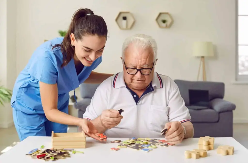 Medical professional with fair skin conducting a cognitive assessment with an elderly patient in a comfortable clinic setting